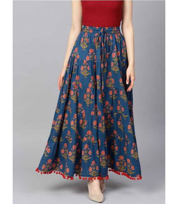 Vara Women Floral Print Flared Blue Skirt