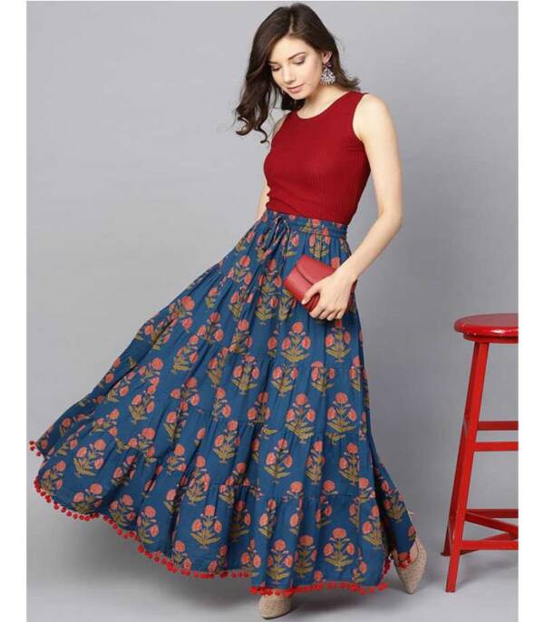 Vara Women Floral Print Flared Blue Skirt - Image 2