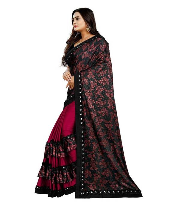 Printed, Floral Print Fashion Lycra Blend Saree  (Maroon, Black) - Image 3