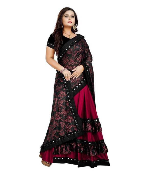 Printed, Floral Print Fashion Lycra Blend Saree  (Maroon, Black) - Image 4