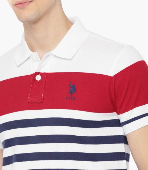 Men White & Navy Blue Striped Polo T-shirt - Image 4