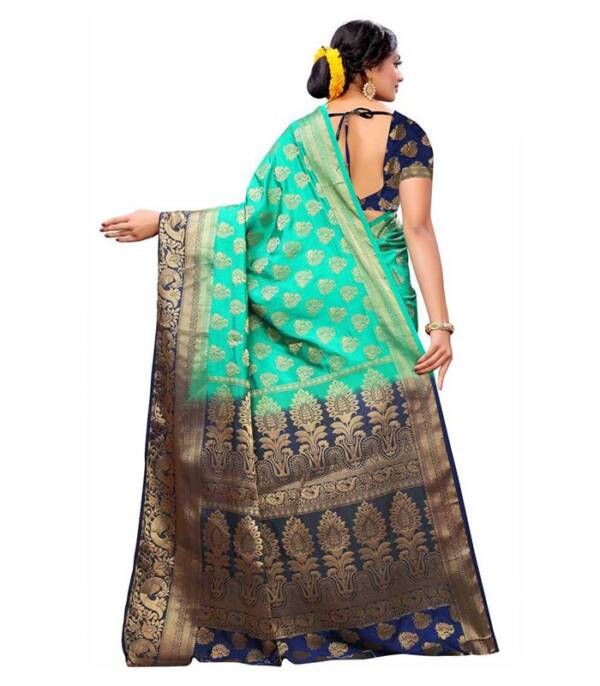 Printed Banarasi Jacquard, Art Silk Saree (Green) - Image 2