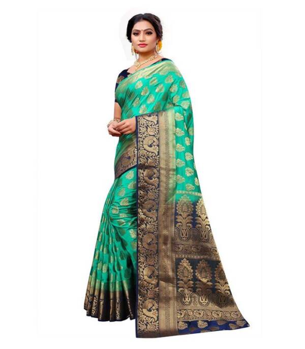 Printed Banarasi Jacquard, Art Silk Saree (Green) - Image 3