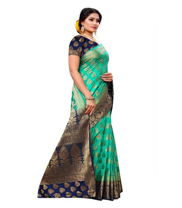 Printed Banarasi Jacquard, Art Silk Saree (Green) - Image 4