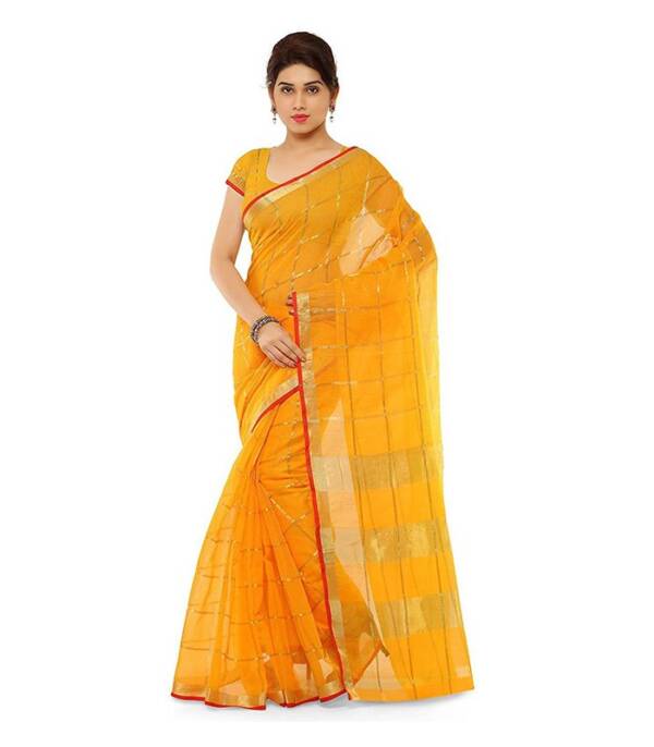 Woven, Striped, Self Design Kota Doria Cotton Silk Saree  (Yellow)