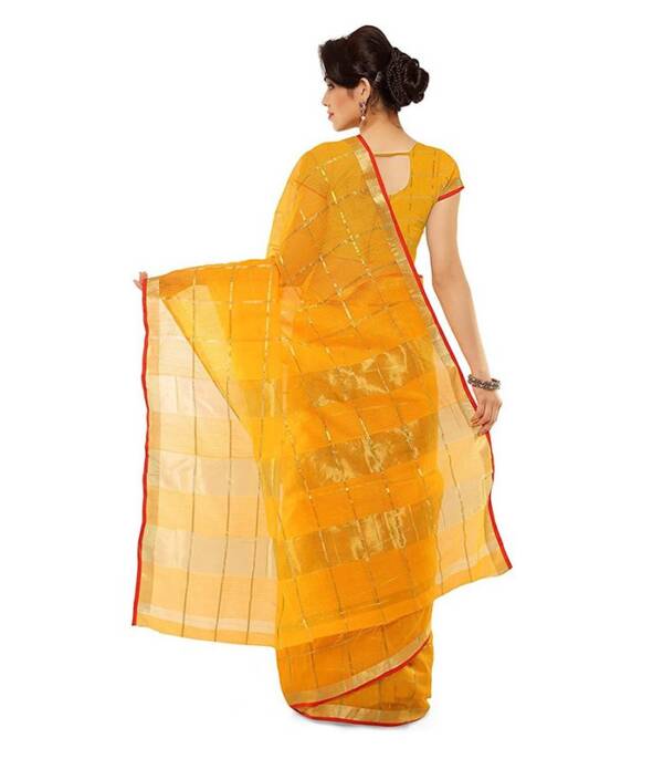 Woven, Striped, Self Design Kota Doria Cotton Silk Saree  (Yellow) - Image 2