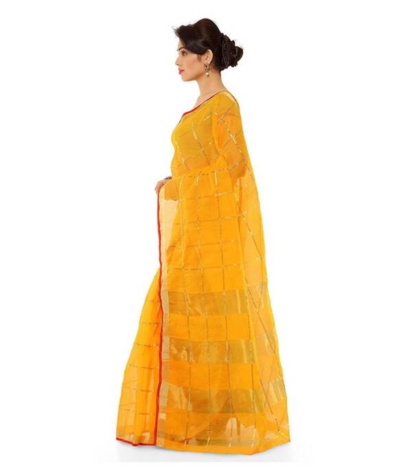 Woven, Striped, Self Design Kota Doria Cotton Silk Saree  (Yellow) - Image 3