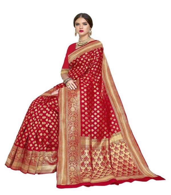 Woven Banarasi Silk Blend, Jacquard Saree  (Red) - Image 2