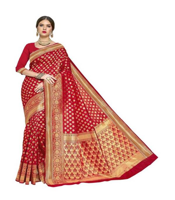 Woven Banarasi Silk Blend, Jacquard Saree  (Red) - Image 5